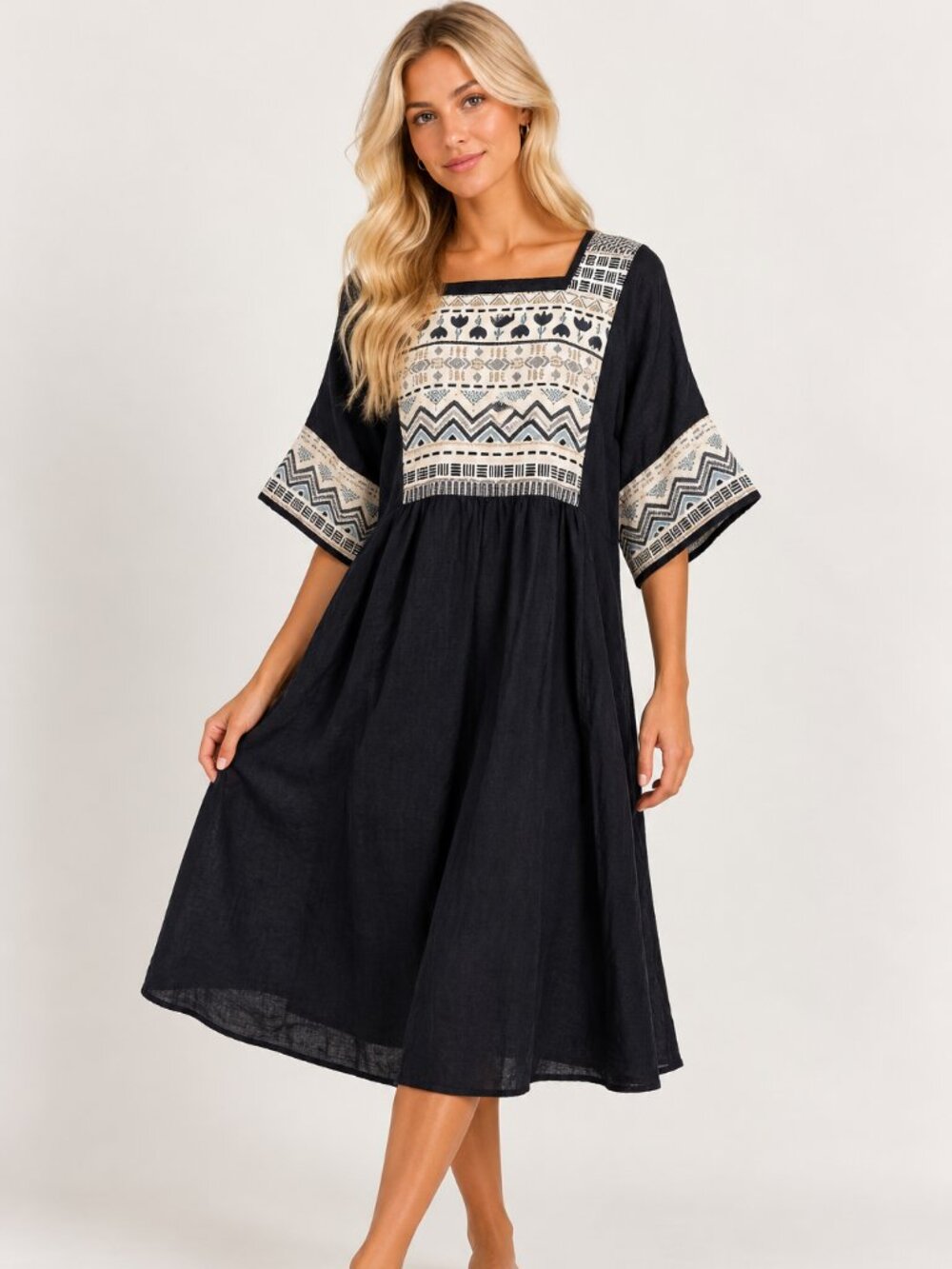 Gudrun Sjoden Black Cream Patterned Yoke Linen Midi Dress Medium 50410